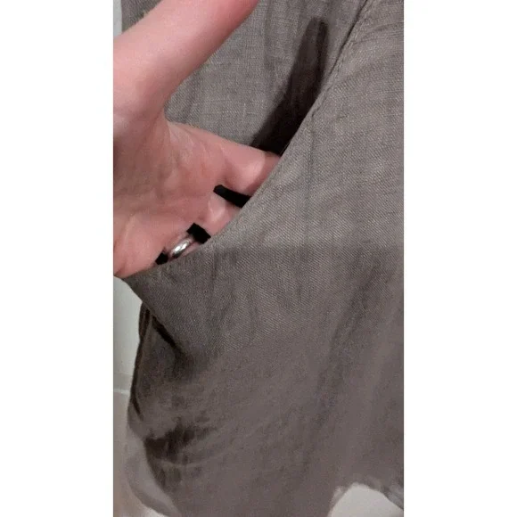 Lina Tomei Made in Italy Linen Dress Womens M Taupe Beaded Neck Shift Pockets - Picture 5 of 8